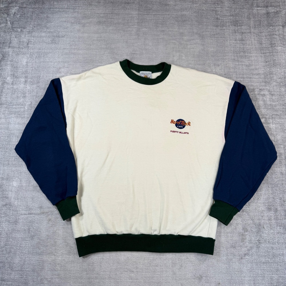 Hard Rock Cafe Sweatshirt Mens Large Cream Vtg 90s Colorblock Puerto Vallarta